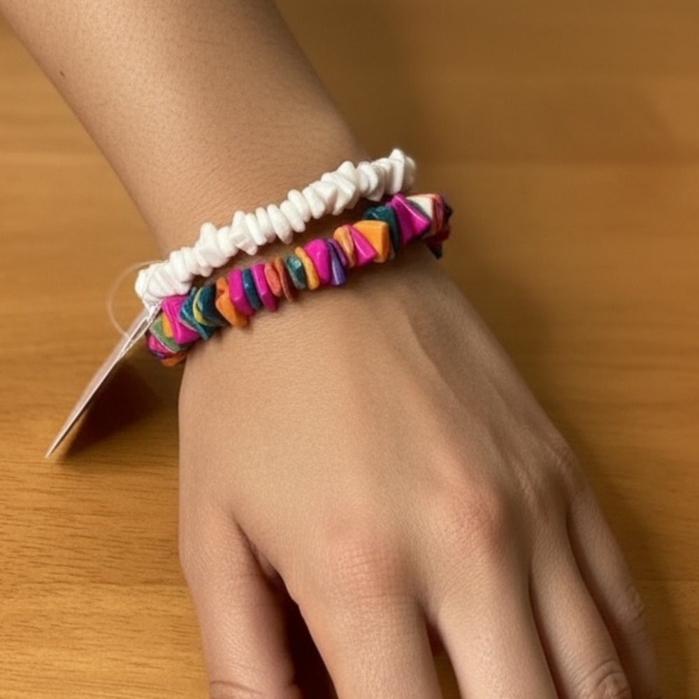 NWT Pink & White Puka Shell Bracelet Set – Stretch Beach Surfer Boho Jewelry - Picture 2 of 6